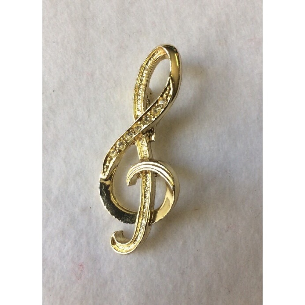 Vintage Brooch Treble Clef Gold Tone Rhinestones